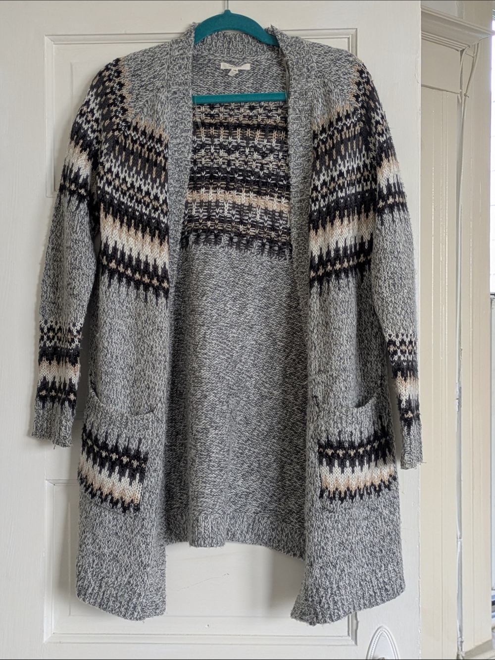 Maurices Gray Open-Front Patterned Cardigan with Black and Cream Accents